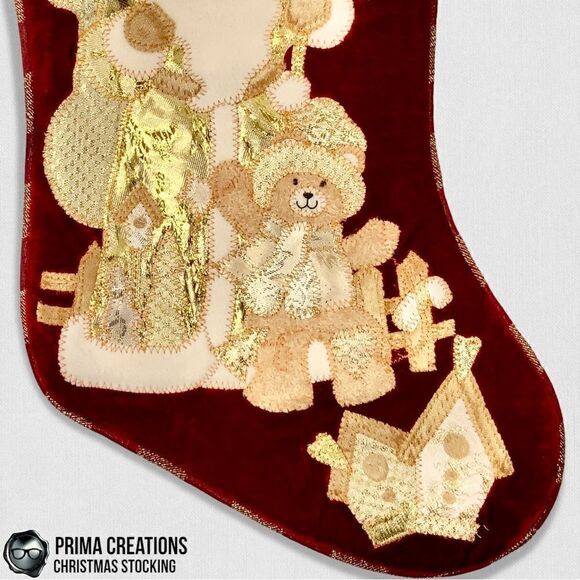 VINTAGE CHRISTMAS STOCKING FELT APPLIQUÉD SANTA & GIFTS ON VELVET IN RED & GOLD - Picture 7 of 13